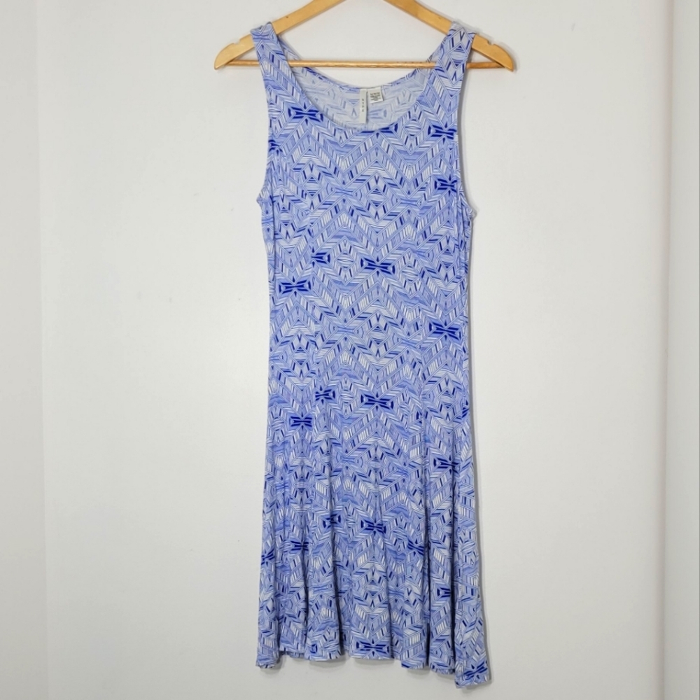 Ripe Blue White Geometric Print Sleeveless Scoop Neck Flared Midi Dress Sz M